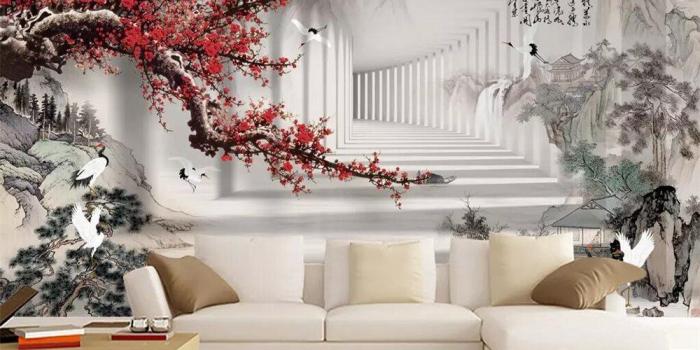 1000x800 US $9.3 38% OFF|Beibehang 3d wallpaper plum blossom ink landscape painting  TV background wallpaper home decoration living room bedroom wallpaper-in