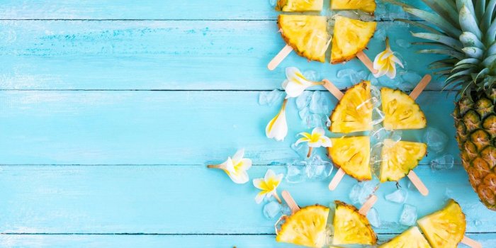 1332x850 Wallpaper summer, fruit, pineapple, fresh, wood, slices, flowers