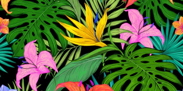 5000x5000 Download wallpaper 5000x5000 pattern, tropical, flowers, leaves