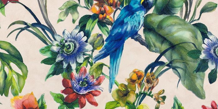 1200x1111 Details about Exotic Bird Parrot Tropical Flowers Wallpaper Vinyl Floral  Blue Green Off White