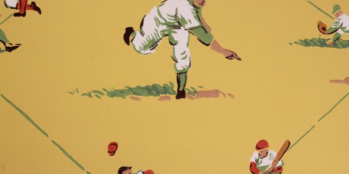 1280x853 1950s Vintage Wallpaper Baseball Team Players Dugout on Yellow by the Yard