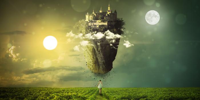 5440x3627 Wallpaper Equinox, Moon, Sun, Floating castle, Woman, Girl, Dream