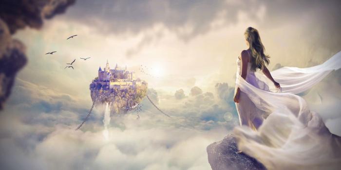 1920x1080 Fantasy World, Woman with Veil, Floating Castle in the Sky