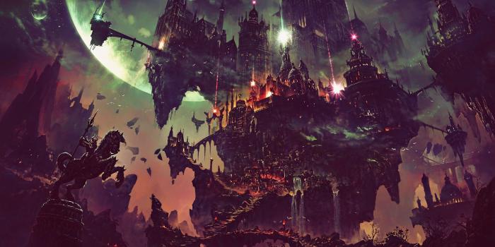 3840x2160 Floating castle with knight and horse statue digital wallpaper HD