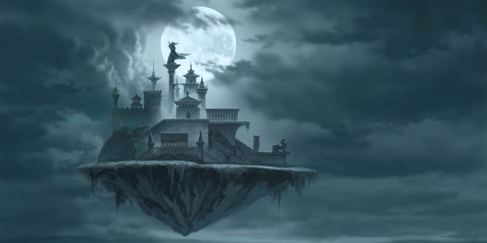 1909x996 A floating castle in front of a full moon. : Dreamworlds
