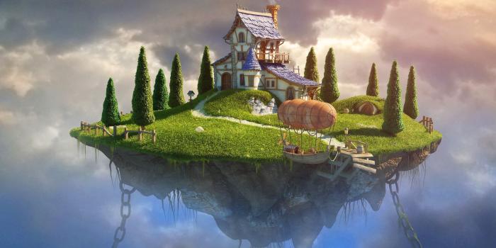 2740x1786 122608 #Castle, #Floating house, #Birds, #Fantasy girl, #4K, #Above