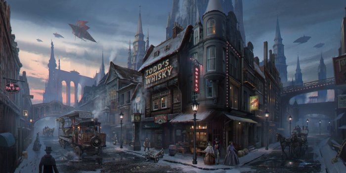 2550x1096 Fantasy City Building Street Town Wallpaper | Piękno sztuki in 2019