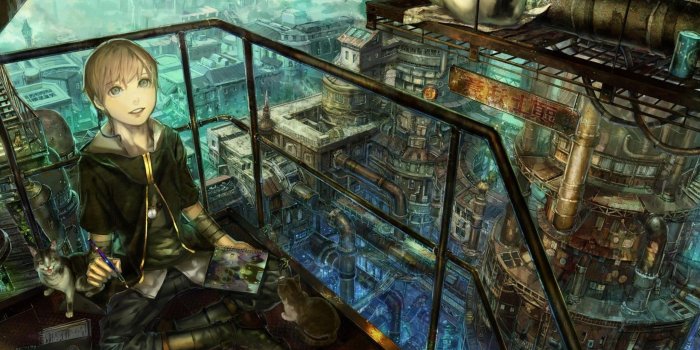 2560x1600 Boy painting a cat in the steampunk city wallpapers | Freshwallpapers