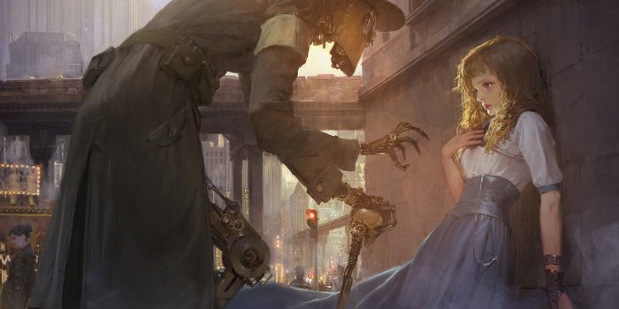 1332x850 Wallpaper city, future, girl, fantasy, robot, gear, painting