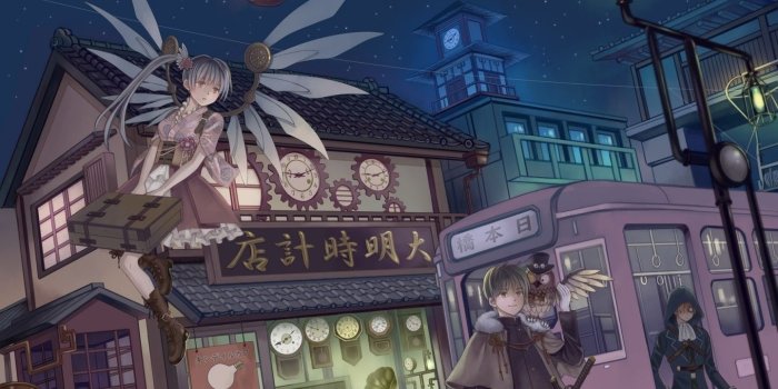 1440x900 Download 1440x900 Anime Steampunk City, Train, Vendor, Night, Flying