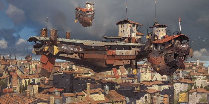 1920x1080 Steampunk mechanical ships boats cities wallpaper | 1920x1080