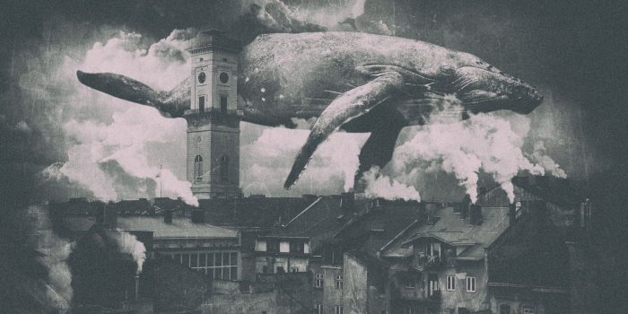 1920x1080 HD wallpaper: whale and houses greyscale illustration, city, smoke