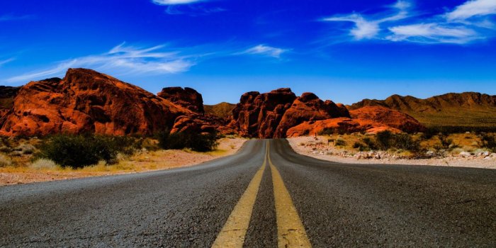 1280x720 Wallpaper Valley of Fire State Park, Road, Blue sky, Rocks, Nevada