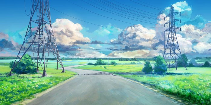 1920x1080 clouds, Blue, Green, ArseniXC, Anime, Landscape, Road, Power Lines