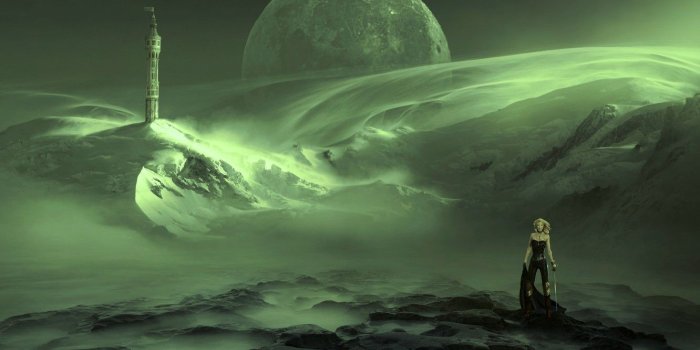 1332x850 Wallpaper the sky, girl, space, snow, mountains, space, green, fog