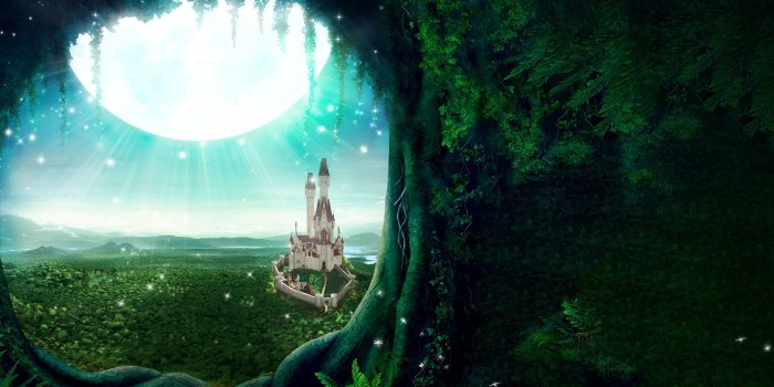 6000x3000 Wallpaper Moon, Tree, Castle, Fairy tale, Heaven, 5K, Fantasy, #12823