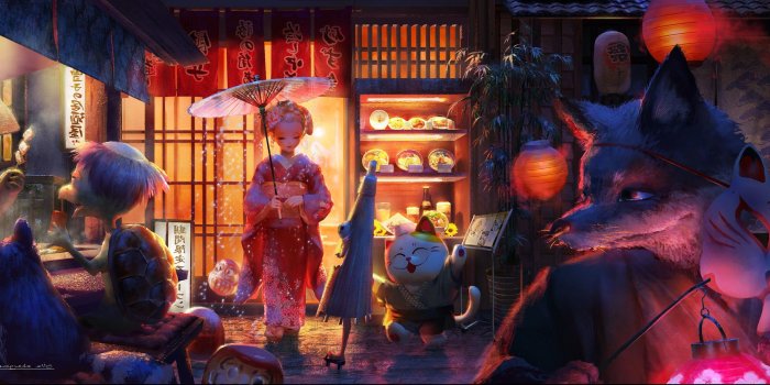 3000x1320 2881866 original characters animals mask kimono umbrella lantern