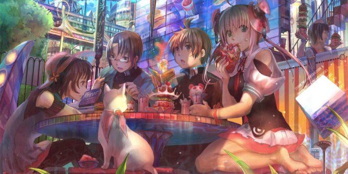 1244x700 Cats food glasses meganekko Fuji Choko soft shading eating original