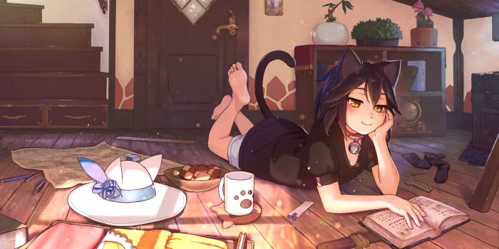 3000x1664 4580793 #black hair, #yellow eyes, #brunette, #tail, #hat, #smiling