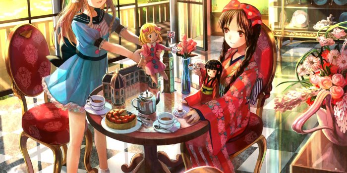 1600x1200 food, tea party, Fuji Choko, soft shading, anime girls, original
