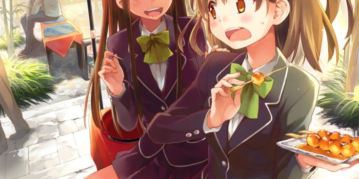 3247x4599 tea, food, school uniforms, long hair, umbrellas, anime girls, scans