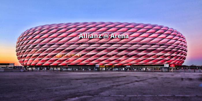 3840x2400 Download wallpapers Bayern Munich Stadium, 4k, pink illumination