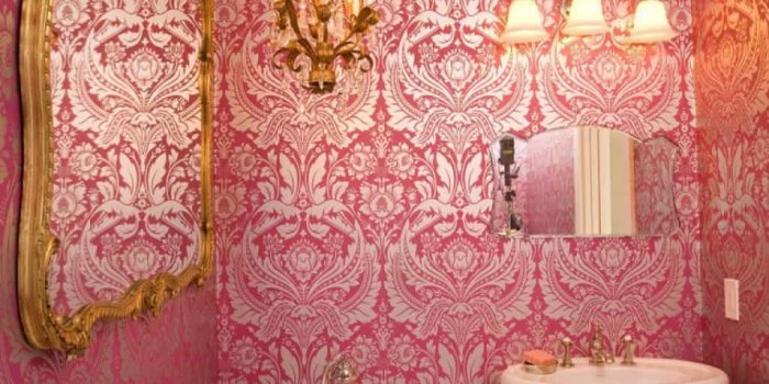 1024x1365 Elegant Bathroom Decorated With Ornate Mirror And Pink Damask