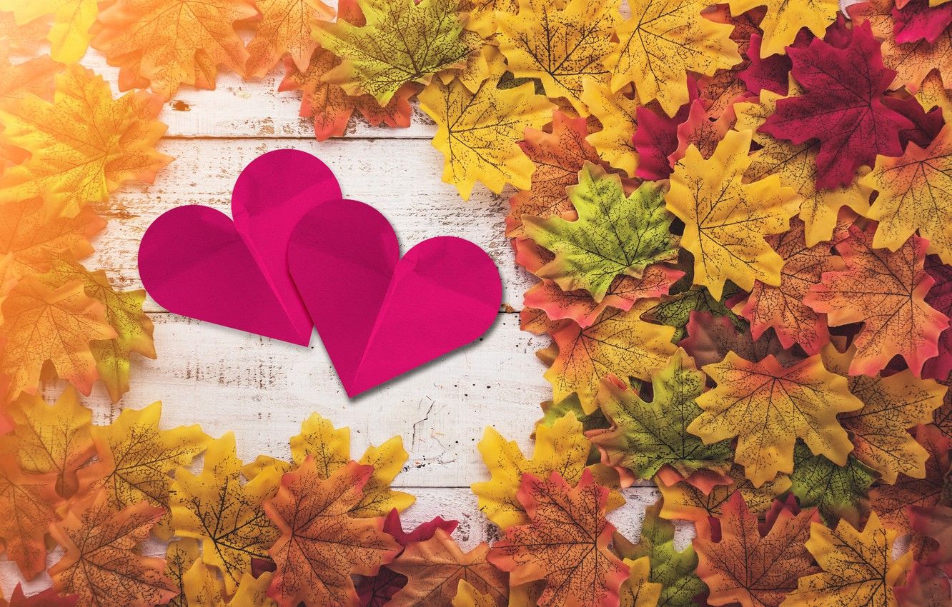 1332x850 Wallpaper autumn, leaves, love, heart, red, love, heart, wood