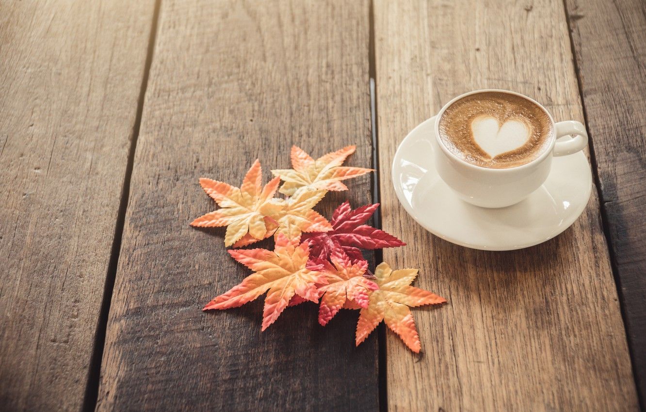 1332x850 Wallpaper autumn, leaves, love, heart, coffee, Cup, love, heart