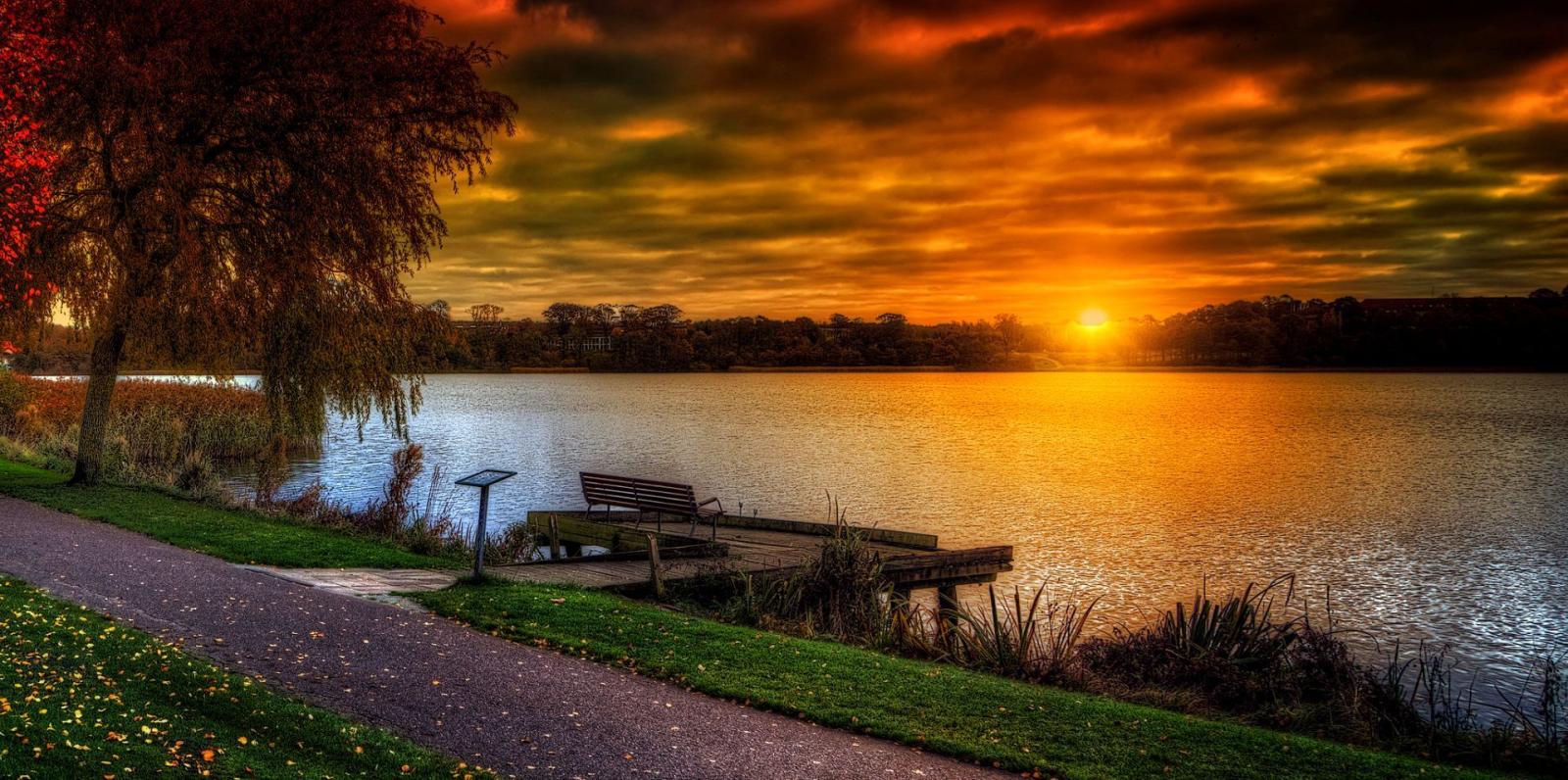 1920x956 Autumn Sunset, lakes, sunlight, peaceful, walk, sun, alley, autumn