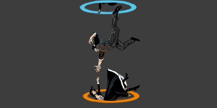 1280x800 Man in black suit reaching hand of woman illustration, Portal (game