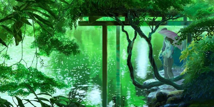 1280x800 anime, Lake, Trees, Umbrella, Green Wallpapers HD / Desktop and