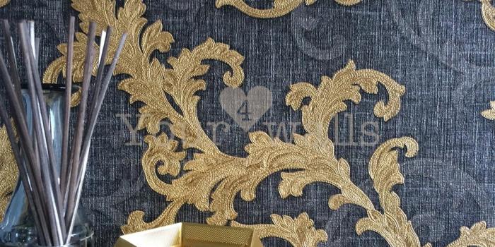 1000x1000 Versace Calligraphy | Designer Floral Trail Wallpaper in Charcoal Grey &  Gold