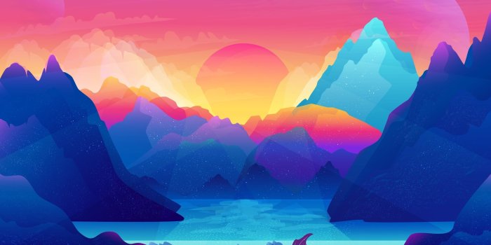 2560x1440 Blue and red abstract painting, digital art, mountains, sunset HD