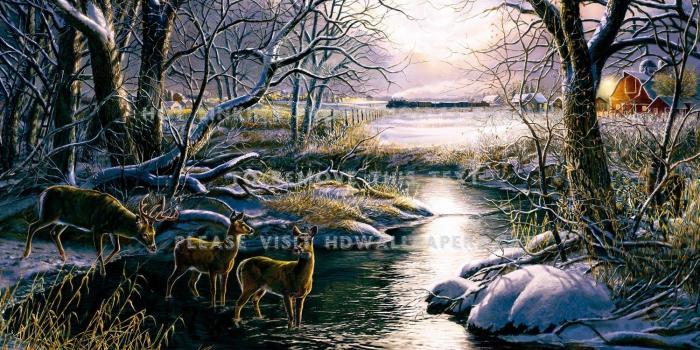 1500x1035 country winter scene river deer painting