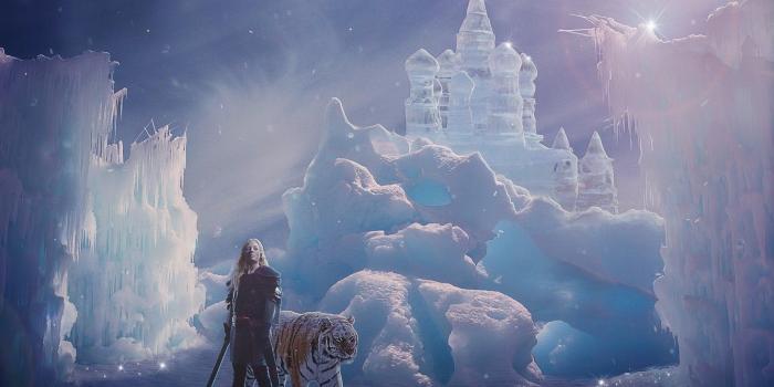 1332x850 Wallpaper girl, snow, tiger, castle, photoshop, sword, photoart, ice