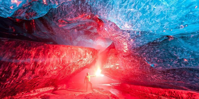 2048x1363 Men's wtite shirt, ice, cave, nature, colorful HD wallpaper