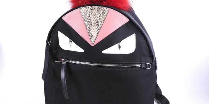 1600x1200 Auth FENDI Bugs Monster Eye Backpack Bag Nylon Leather Fur Black Red 8BZ035  8604