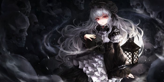 3840x2160 Download 3840x2160 Gothic Anime Girl, Skulls, White Hair, Dress
