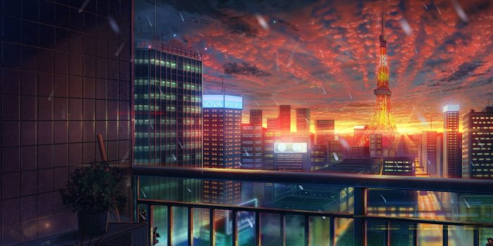 3840x2160 Download 3840x2160 Anime City, Tokyo Tower, Sunset, Buildings