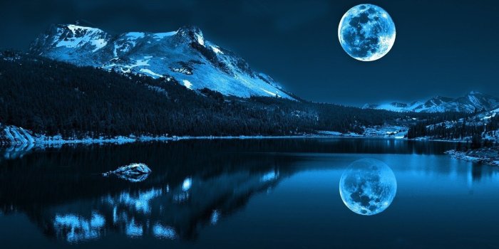 1680x1050 Wallpaper Moon, lake, mountains, cold night, nature scenery