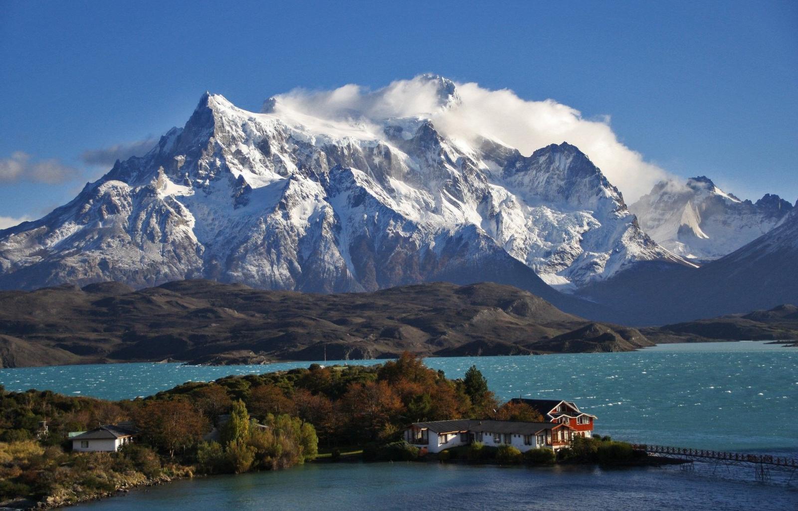 2048x1312 Patagonia, Chile, Sky, Clouds, Mountains, Snow, Lake, House, Trees