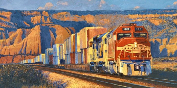 1024x768 Mountain: New Mexico Moon Train Painting Mountains Tracks Evening
