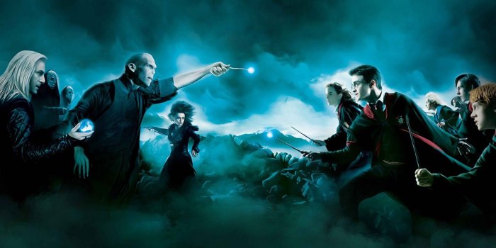 1664x1109 Death Eaters And Dumbledore'S Army Fight Blue Paper Print - Movies