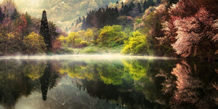 2100x768 4549741 #mist, #spring, #morning, #lake, #reflection, #mountains