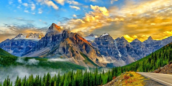 1366x768 Mountains: Pines Road Fog Sky Mountain Japanese Mountains Wallpaper