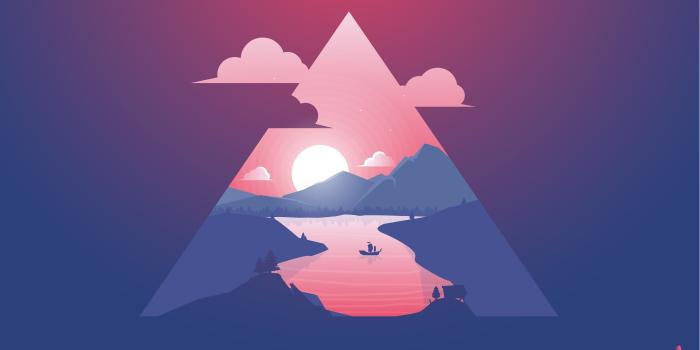 3840x2160 Wallpaper mountain, sun, river, purple, triangle, 4k, Abstract