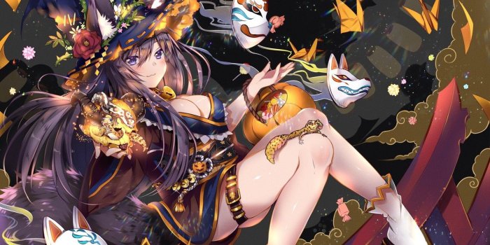 1332x850 Wallpaper kawaii, girl, halloween, fox, hat, anime, manga, oppai