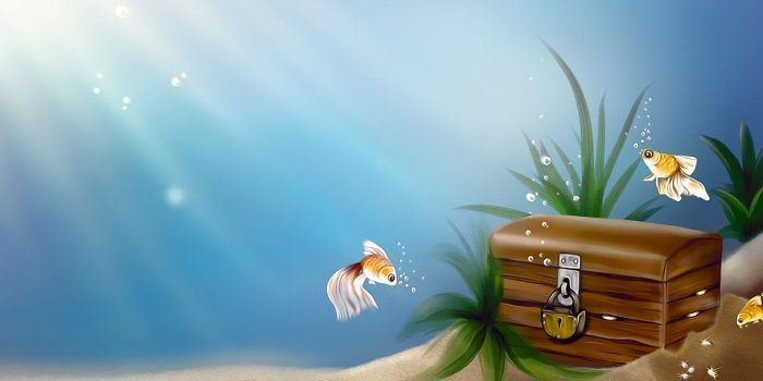 1332x850 Wallpaper sea, fish, fish, bubbles, castle, art, treasure, chest