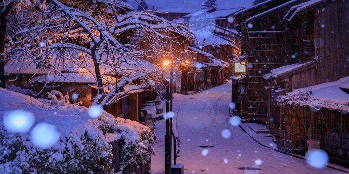3840x2160 Wallpaper Japan, Kyoto, houses, snow, trees, night, lights 3840x2160